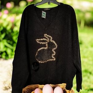 XL🐰Goa Elegant Black V-Neck Sweater with Gold Sequin Rabbit Design